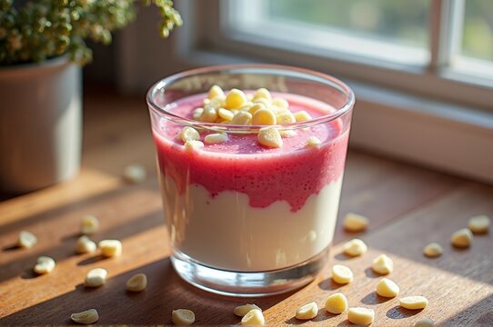 Strawberry yogurt parfait with white chocolate chips by sunlit window