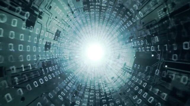 Digital tunnel with binary code and circuit board patterns leading to a bright light source