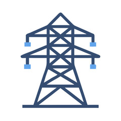 Minimalist blue power line tower icon on black background