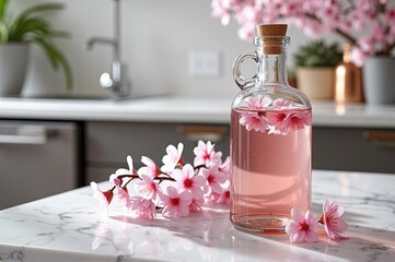 Pink floral infused water in glass bottle on marble counter with blossoms