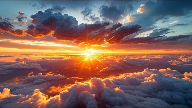 flying POV of a breathtaking aerial view of sunlight streaming through clouds at sunset over the sea, creating a vibrant orange and yellow glow that fills the sky with beauty
