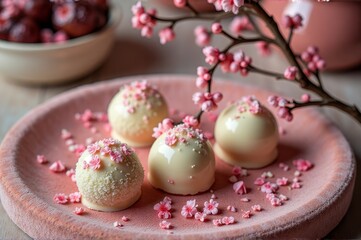 Obraz premium Delicate cherry blossom mochi on a pink plate with floral decoration