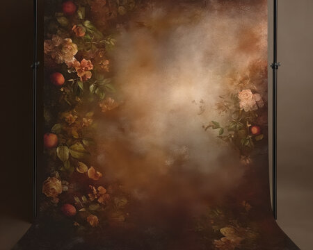 Brown studio background with floral borders. Canvas background on the wall and on the floor with a soft transition.