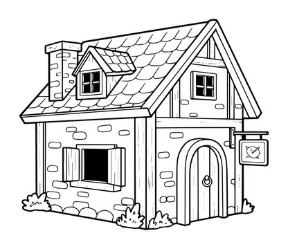 recommend clip art: fantasy house with arched door and wooden windows outline vector