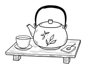 japanese tea set on wooden tray vector illustration outline