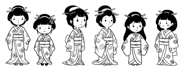 kokeshi dolls in traditional kimono vector outline drawing