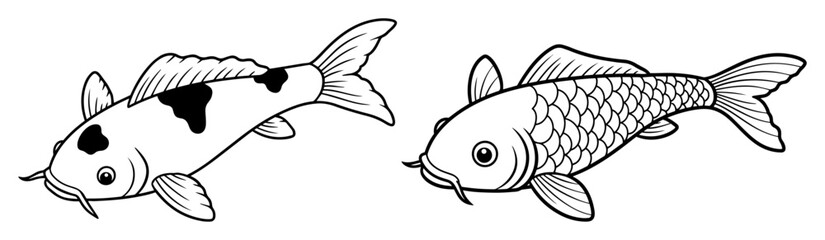 koi fish swimming vector outline illustration black and white