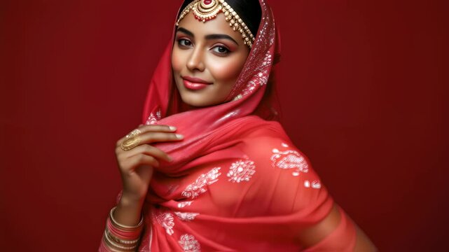 Beautiful woman in traditional Indian bridal attire and jewelry on red background. Hindu wedding, Diwali festival, Karva Chauth celebration concept