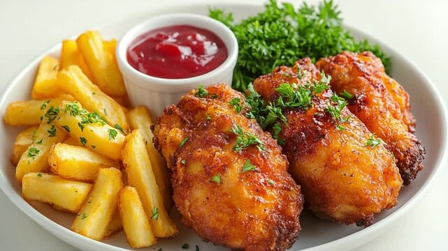 Crispy Chicken Wings Feast: A mouthwatering plate of golden-brown fried chicken wings and fries, complemented by a vibrant side of ketchup and fresh parsley.