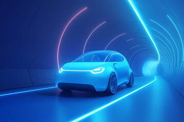 Naklejka premium Futuristic electric car navigating a neon-lit tunnel, showcasing advanced technology and design