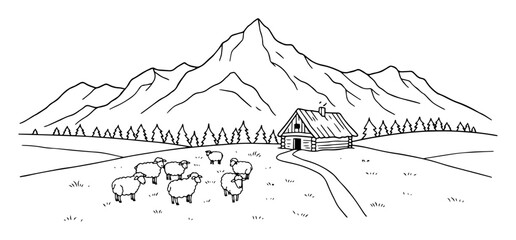 mountain landscape with hut sheep and forest vector illustration
