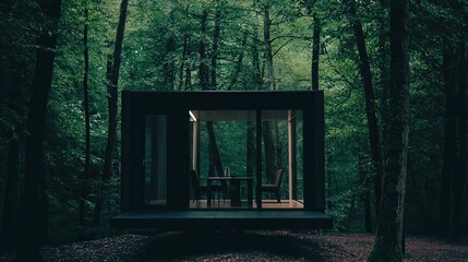 Sleek Black Cabin Surrounded by Misty Woods with Floor-to-Ceiling Windows