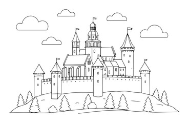 Fototapeta premium medieval fantasy castle with towers and walls vector outline