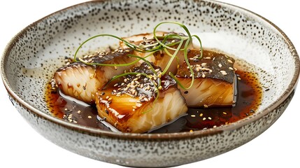 Black cod in miso glaze, garnished with pickled daikon and sesame seeds.