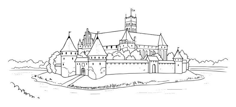 malbork castle architectural landmark vector outline