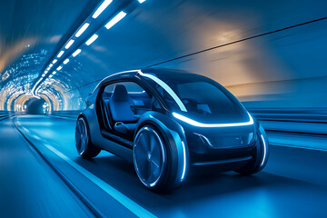 Fototapeta na wymiar Futuristic electric vehicle navigating through a neon-lit tunnel, showcasing advanced design and technology