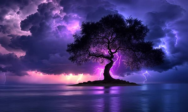 Majestic tree silhouetted against a dramatic stormy sky with lightning over calm waters