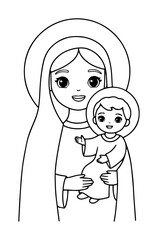 virgin mary and baby jesus outline vector illustration – holy family icon