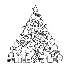 christmas tree outline vector illustration – decorated pine with gifts in black and white