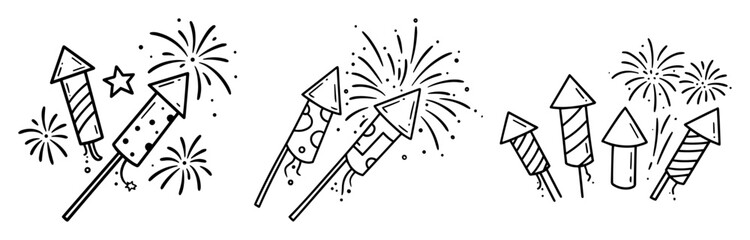 Fototapeta premium fireworks and rockets outline vector illustration – new year celebration in black and white