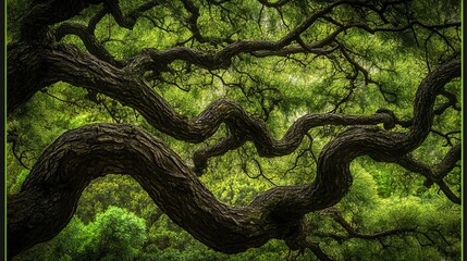 Naklejka premium Majestic ancient tree branches lush green canopy nature photography old art bark leaf dark flora
