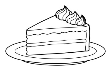 cake slice outline vector illustration – dessert on plate in black and white