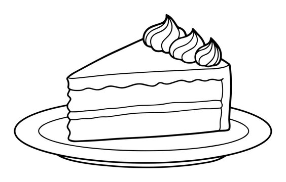 cake slice outline vector illustration &ndash; dessert on plate in black and white