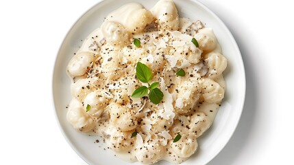 Gnocchi with white truffle cream sauce and grated parmesan, arranged artfully on a white plate. 