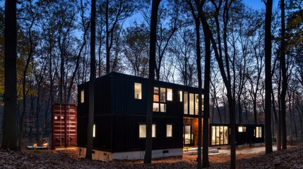 Modern Black Container Home Surrounded by Serene Forest Landscape