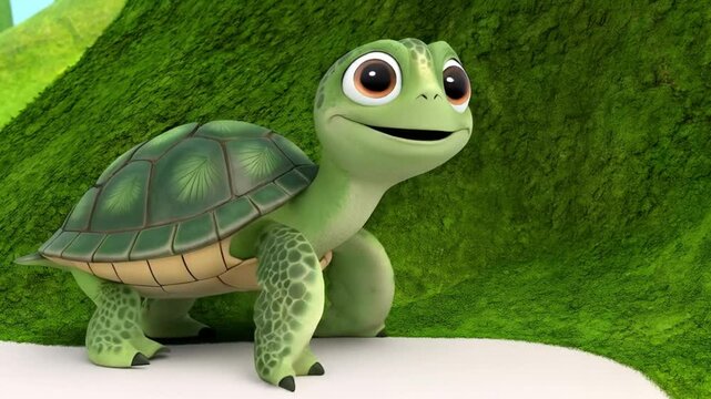 Smiling turtle clipart standing on rock with green background wall