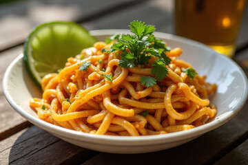 Delicious Curry Udon Noodles in Sunny Backyard Brunch Setting - Clean Food Photography with Moody Low Key Lighting