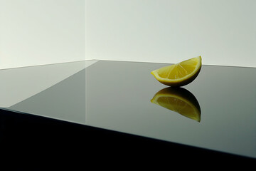 Lemon slice on reflective surface, minimalist studio shot, clean background, ideal for food blogs