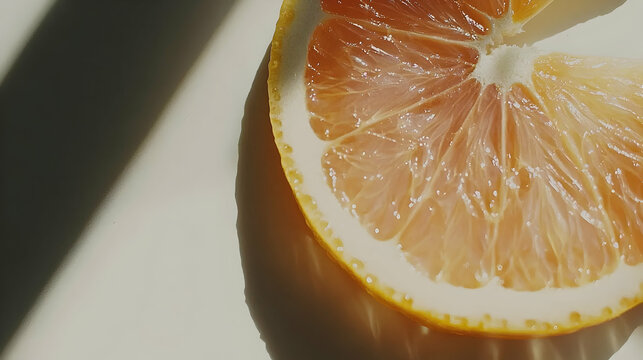 Juicy grapefruit slice, sunlight, kitchen counter, minimalist food photography, ideal for health blogs