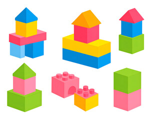Colorful building blocks in various shapes and sizes.  Different colored blocks arranged to form towers, castles, and other structures.  Ideal for children's creativity and imagination