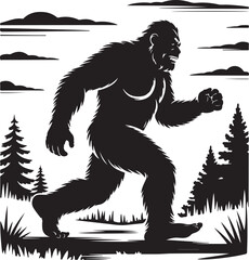 Fototapeta premium Bigfoot Walking Through Forest SilhouetteLegend of the Sasquatch Vector SceneMysterious Bigfoot Shadow in TreesCryptid in the Wilderness Silhouette ArtBigfoot Sighting Silhouette Design