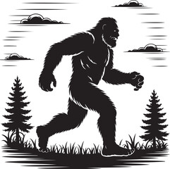 Fototapeta premium Bigfoot Walking Through Forest SilhouetteLegend of the Sasquatch Vector SceneMysterious Bigfoot Shadow in TreesCryptid in the Wilderness Silhouette ArtBigfoot Sighting Silhouette Design