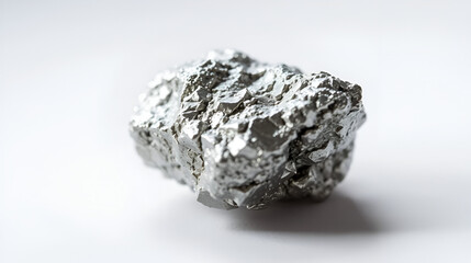 Macro shoot of piece of nickel metal ore isolated on a white background. Closeup photo of amazing shiny mineral rough