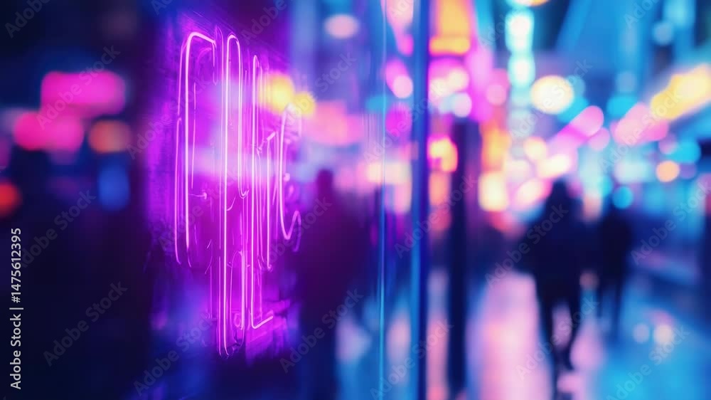 Poster a close-up view of a neon sign on the side of a building, with bright colors and city lights in the 