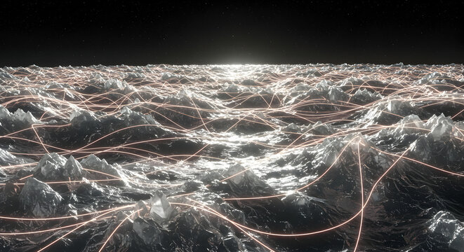 Abstract Neural Network On An Alien Planet Surfaces With Glowing Wires