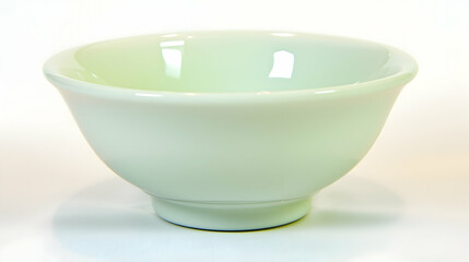 Empty pale green ceramic bowl on white background, studio shot, for food blogs or culinary websites
