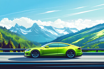 Bright green electric car cruising along a scenic mountain highway with lush forests and clear skies
