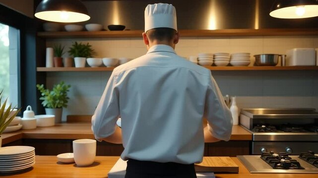 A chef stands in a kitchen, facing away from the camera.
Concept of: Professional cooking environment.