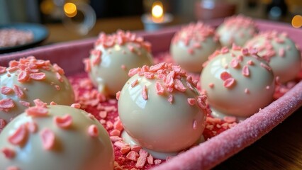 Obraz premium White chocolate truffles with pink sprinkles on velvet tray