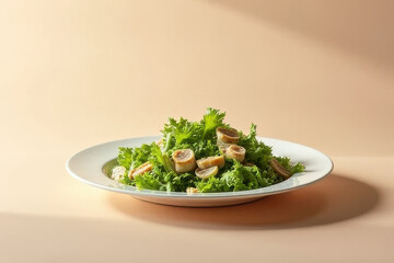 Minimalist Caesar Salad Photography: Clean Food Style on Taupe Background with Reflector Fill Light