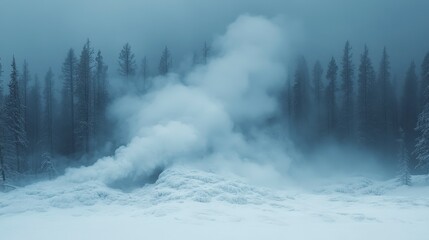 Snowy expanse with rising mist