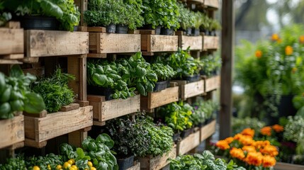 Abundant Vertical Garden Display with Fresh Herbs and Colorful Flowers in Wooden Planters at a Local Plant Nursery