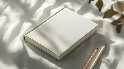 Blank hardcover book mockup with pencils on soft fabric