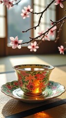 Elegant floral teacup with sunlit cherry blossoms in traditional japanese setting