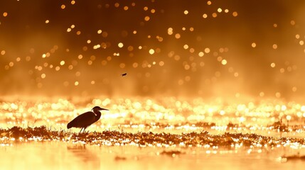 Heron Standing in Shallow Water Waiting to Catch Fish at Sunset