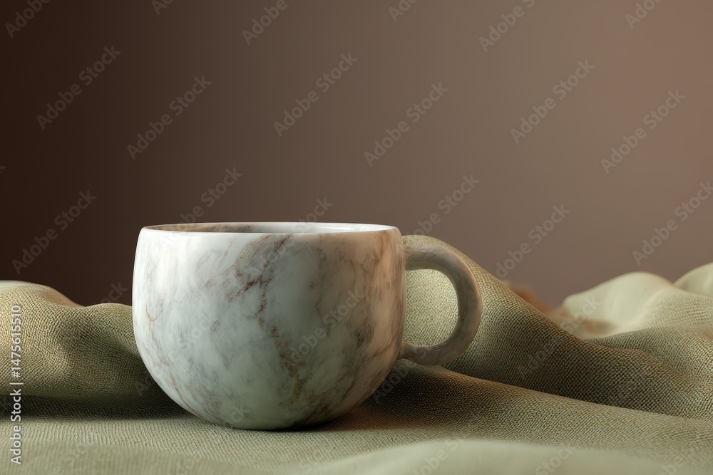 Poster elegant, marble-patterned mug resting on a fabric surface.